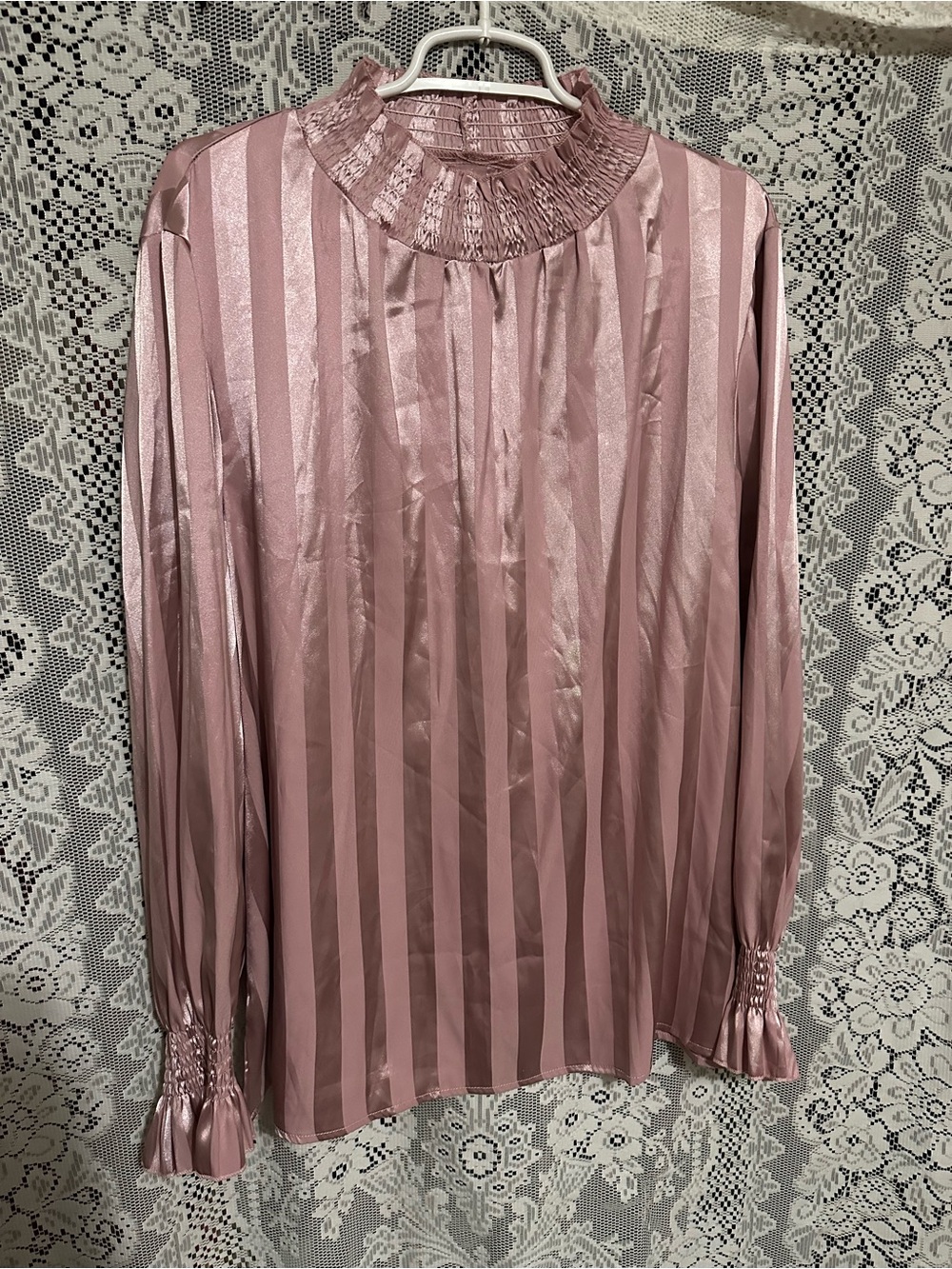 Smocked Neck Striped Satin Blouse - Dusty Rose